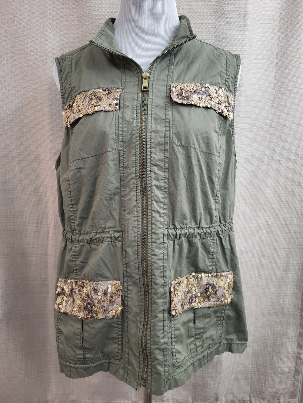 Chicos Zenergy Women's Full Zip Utility Vest Olive Green Gold Size 2 (Large)